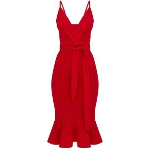 red tie waist fishtail midi dress